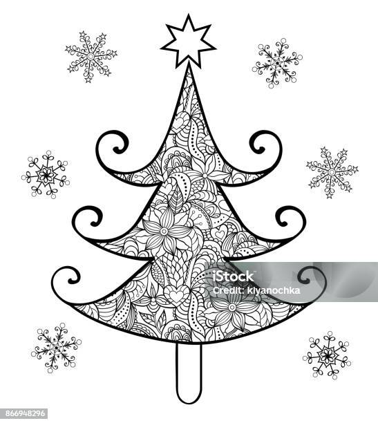Hand Drawn Christmas Tree Stock Illustration - Download Image Now - Christmas Tree, Coloring Book Page - Illlustration Technique, Outline