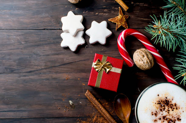 istock Christmas coffee with milk cocoa branches spruce cones 866955582