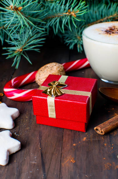 istock Christmas coffee with milk cocoa branches spruce cones 866956282