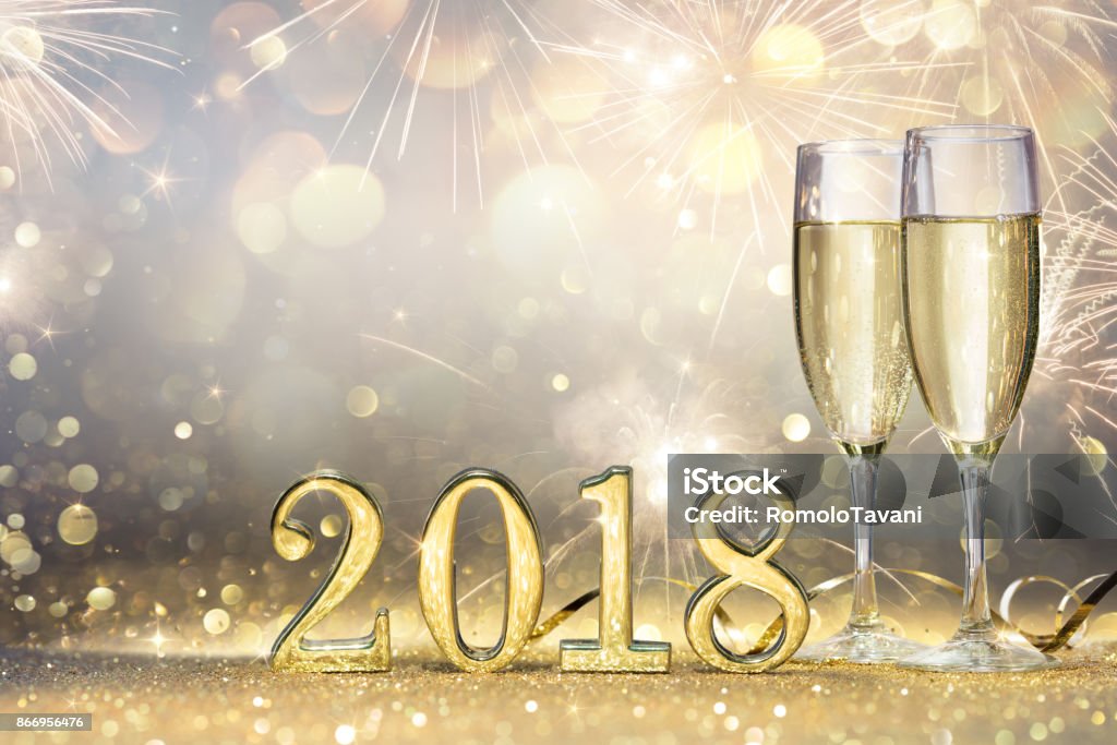 New Year 2018 - Two Flutes With Champagne And Golden Numbers Flutes With Champagne And 2018 Numbers 2018 Stock Photo