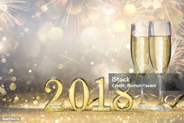 New Year 2018 Two Flutes With Champagne And Golden Numbers Stock Photo - Download Image Now