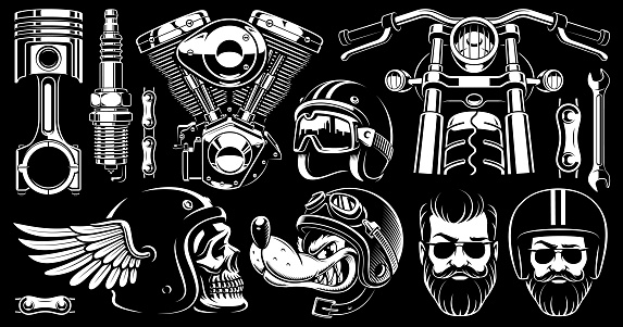 Motorcycle clipart with 11 elements (version for dark background)
