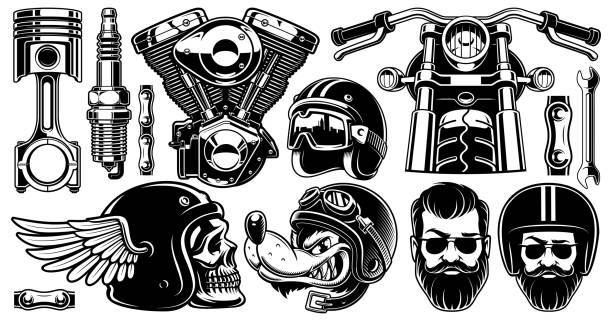 motorrad clipart mit 11 elementen (version für weißen hintergrund) - sturzhelm stock-grafiken, -clipart, -cartoons und -symbole