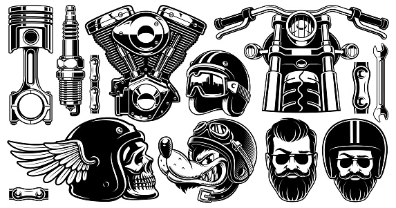Motorcycle clipart with 11 elements (version for white background)