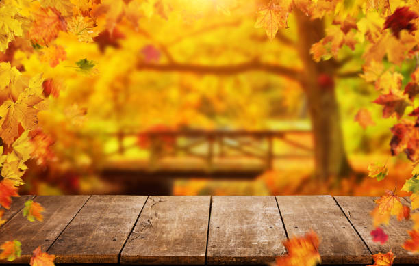 istock Autumn background with falling leaves and empty wooden table 866963280