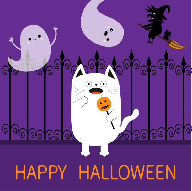 Happy Halloween. Spooky frightened cat holding pumpkin face on stick. Forged iron fence. Flying ghosts hands up, witch broom Boo. Cute Funny cartoon baby character Flat design Violet background Happy Halloween. Spooky frightened cat holding pumpkin face on stick. Forged iron fence. Flying ghosts hands up, witch broom Boo. Cute Funny cartoon baby character Flat design Violet background Vector black hat upside down stock illustrations