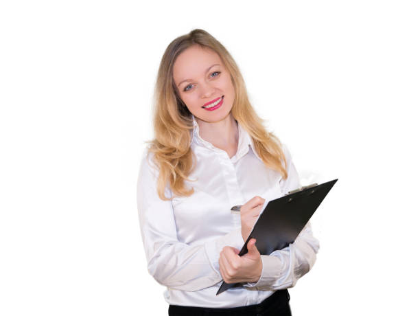istock Business woman writes information . Isolated on white background. 866969148
