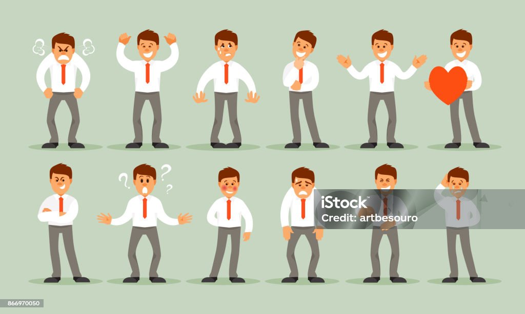 Set of male emotions Big set of a businessman with a variety of emotions and poses. Vector cartoon illustration Happiness stock vector