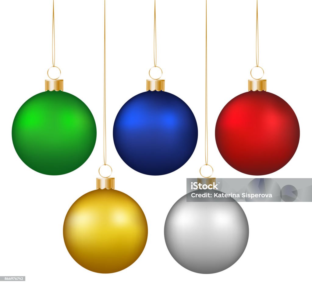 Ensemble de réaliste brillant coloré accrocher des boules de Noël isolés sur fond blanc - clipart vectoriel de Boule de Noël libre de droits