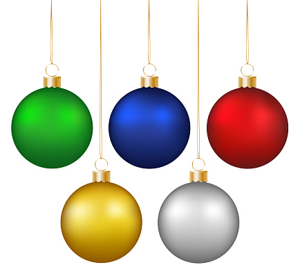 Set of realistic shiny colorful hanging christmas baubles isolated on white background.