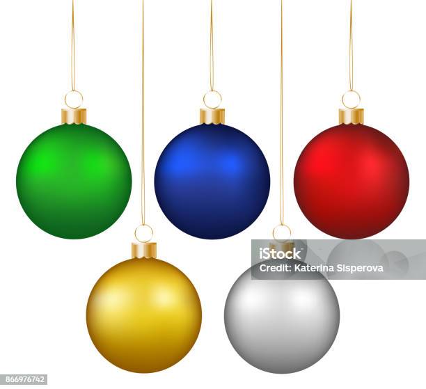 Set Of Realistic Shiny Colorful Hanging Christmas Baubles Isolated On White Background Stock Illustration - Download Image Now