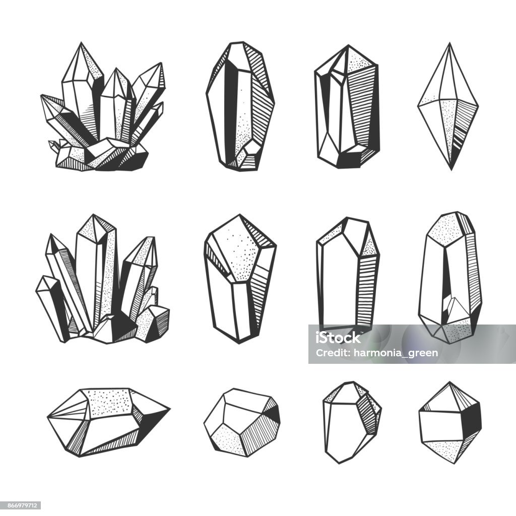 vector crystals and minerals, black and white illustration Set of hand drawn vector crystals and minerals. Gems and stones isolated on white background. Crystal stock vector