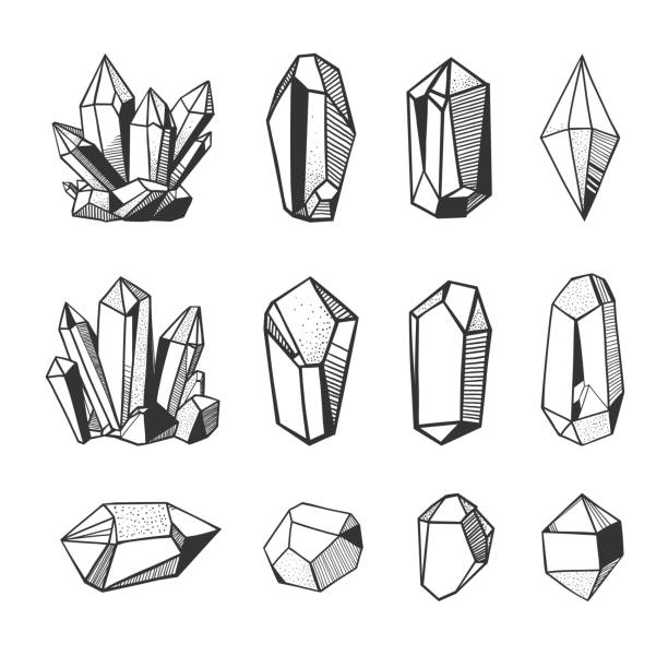 vector crystals and minerals, black and white illustration Set of hand drawn vector crystals and minerals. Gems and stones isolated on white background. crystal stock illustrations