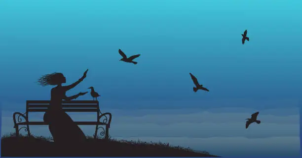 Vector illustration of silhouette of girl sitting on the bench near the sea with sun-rise and feed the sea gulls,