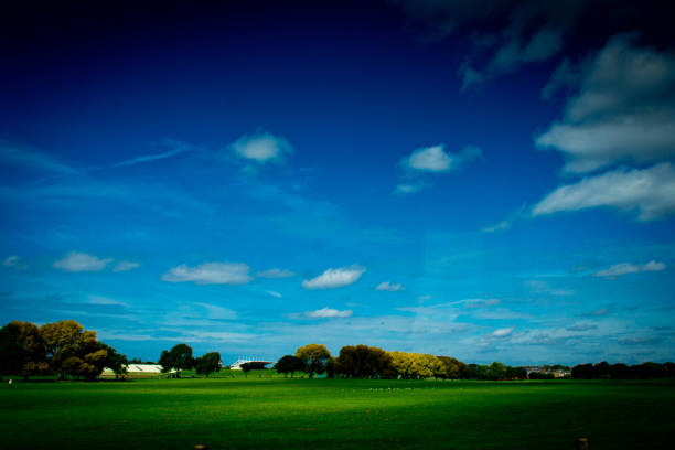 A warm Summer day in Liverpool with a polarized sky over green foorball and cricket pitches of a recreation ground near Sefton Park.