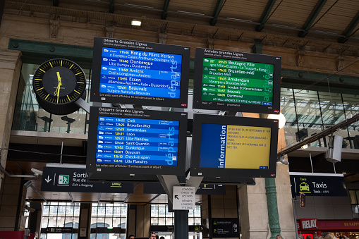 Paris, France - September 28, 2017: Gare du Nord (North Station) , one of the six large SNCF terminal in Paris, largest and oldest railway stations in Paris. People are walking near the station.