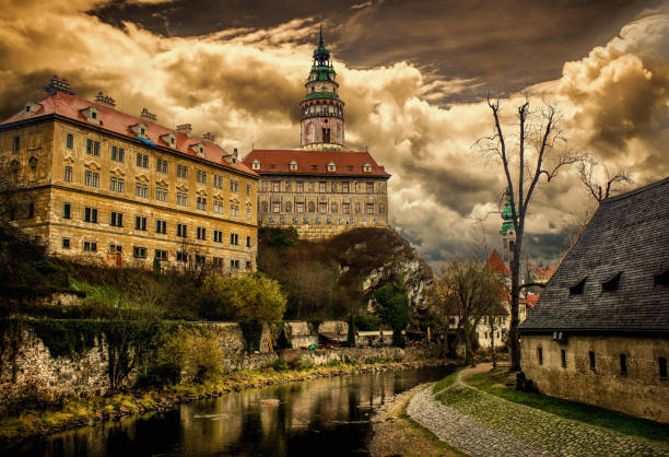 Spring panorama aerial view of Cesky Krumlov instagram. Czech republic