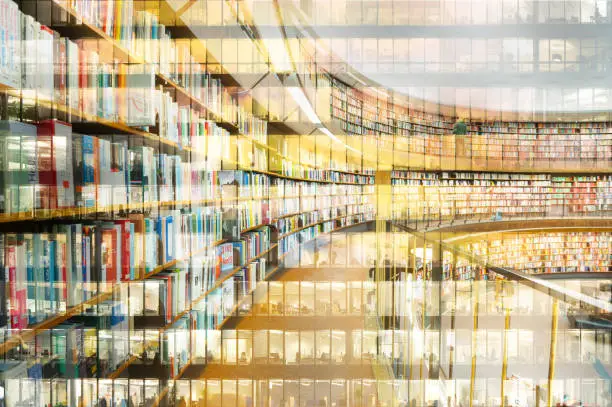 Photo of Abstract library bookshelf, reflection of office building