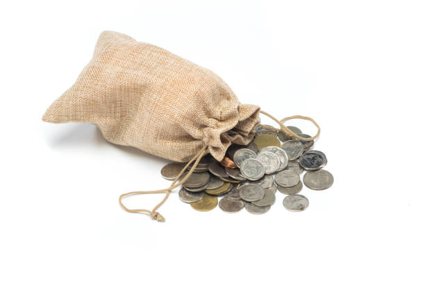 istock Money coins in burlap bag on white background 867006298