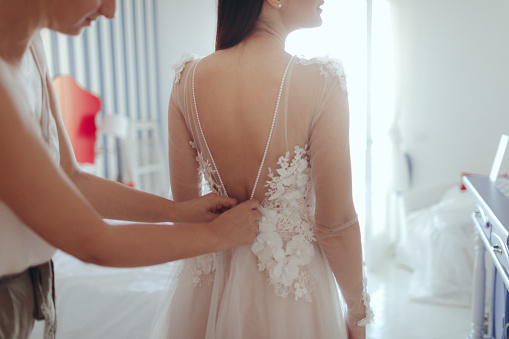 Moment of happiness in a life of beautiful bride and preparation for her wedding