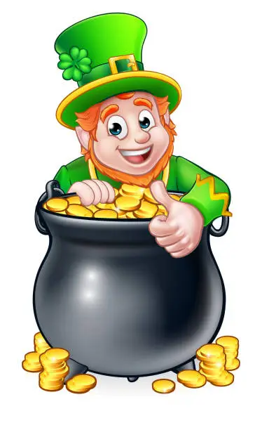 Vector illustration of Cartoon St Patricks Day Leprechaun and Pot of Gold