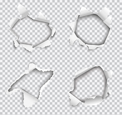 Set of vector realistic holes torn in white paper isolated on transparent background.