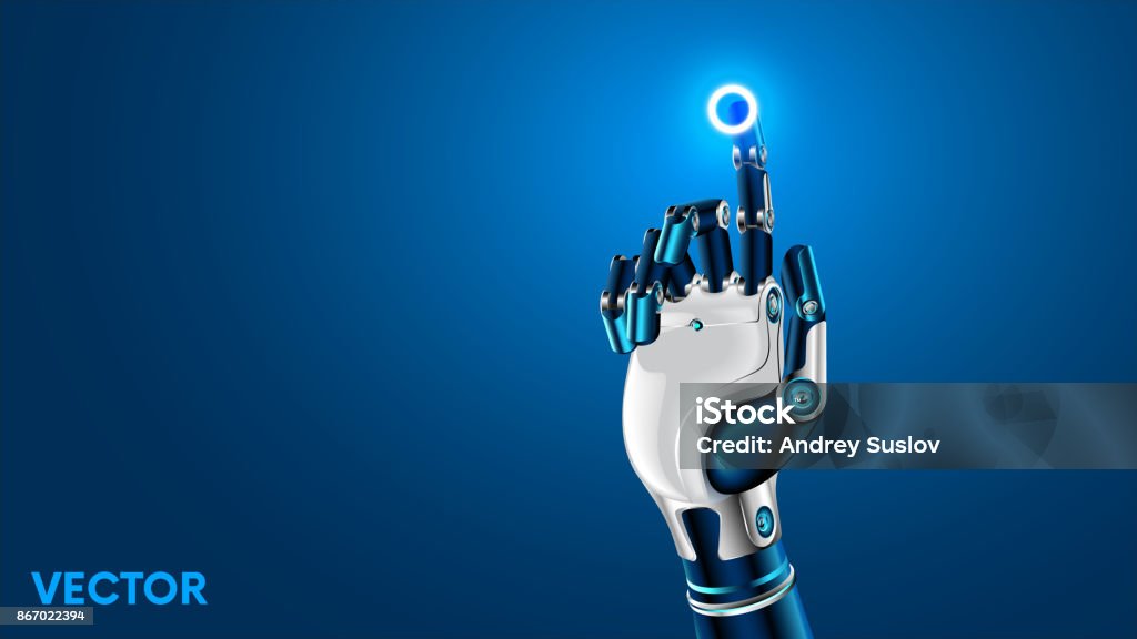 The robot mechanical arm or hand presses the index finger on the button a virtual holographic interface HUD. Artificial Intelligence futuristic design concept. - Royalty-free Braço Robotizado arte vetorial