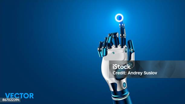 The Robot Mechanical Arm Or Hand Presses The Index Finger On The Button A Virtual Holographic Interface Hud Artificial Intelligence Futuristic Design Concept - Arte vetorial de stock e mais imagens de Braço Robotizado