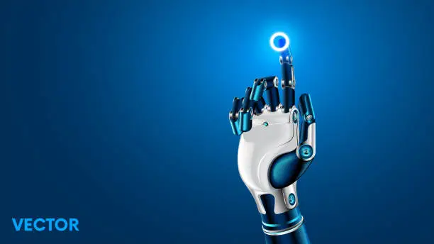 Vector illustration of The robot mechanical arm or hand presses the index finger on the button a virtual holographic interface HUD. Artificial Intelligence futuristic design concept.