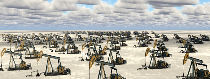 Computer generated 3D illustration with masses of oil pumps in a landscape