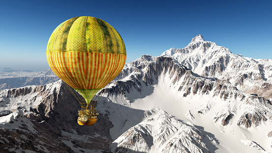 Computer generated 3D illustration with a fantasy hot air balloon over the mountains