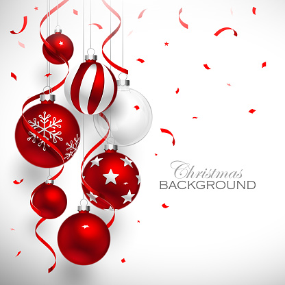 Christmas balls of red color with red ribbons and confetti. Vector illustration