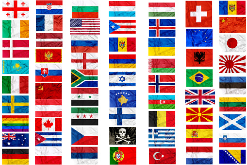 Flags of world contries and symbols in frame on white background: England Russia Italy Spain Scotland Germany US China Sweeden Greece France Brazil Japan Canada Russia Syria pirate europe Cuba Finland