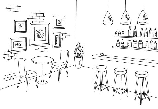 cafe bar grafika czarny biały wektor szkicu wnętrza - bar stool chair cafe stock illustrations