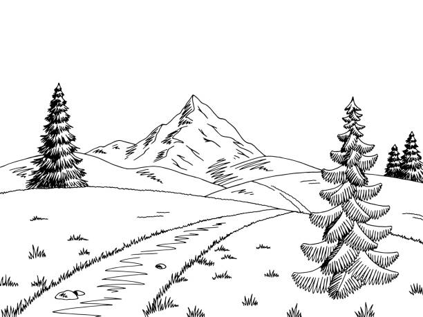 górska droga grafika czarny biały krajobraz szkic ilustracja wektor - park terenowy stock illustrations