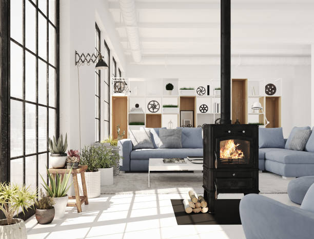 istock 3d rendering. living room with cast iron fireplace in modern loft apartment. 867034460