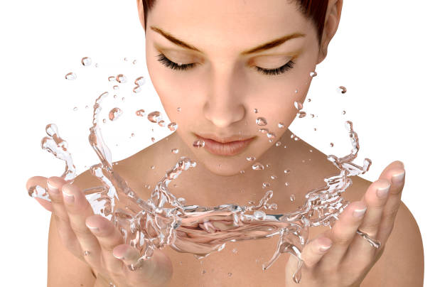 Beautiful woman washing her face isolated on white. with clipping path, 3d illustration