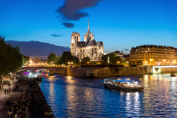 ノートルダム ・ ド ・ パリは、パリの夜セーヌ川のクルーズ船 - paris france notre dame night ile de la cite ストックフォトと画像