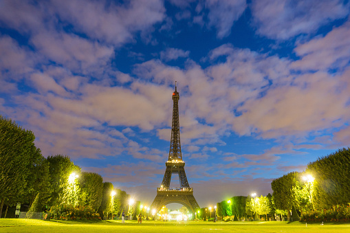 Paris rooftop view skyline and Eiffel Tower in France.