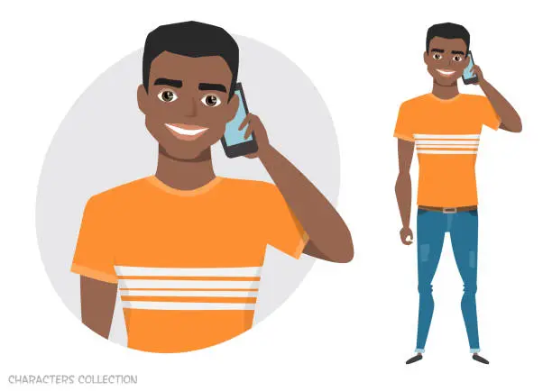 Vector illustration of A black african american man is talking on the phone