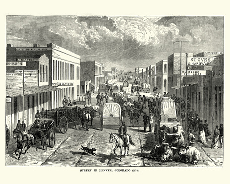 Vintage engraving of a Street on Denver, Colorado, 19th Century