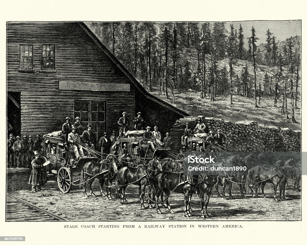 Ilustración de Diligencia Fuera De Una Estación De Ferrocarril Oeste De ...