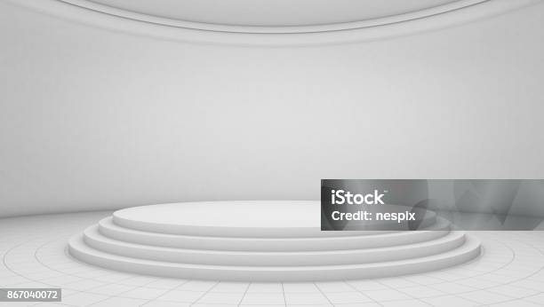 White Room Background Circle Stage Platform Stock Photo - Download Image Now - Stage - Performance Space, White Color, Digitally Generated Image