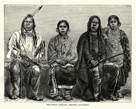 Vintage engraving of Secwepemc First Nations people, British Columbia, 19th Century. known in English as the Shuswap people.