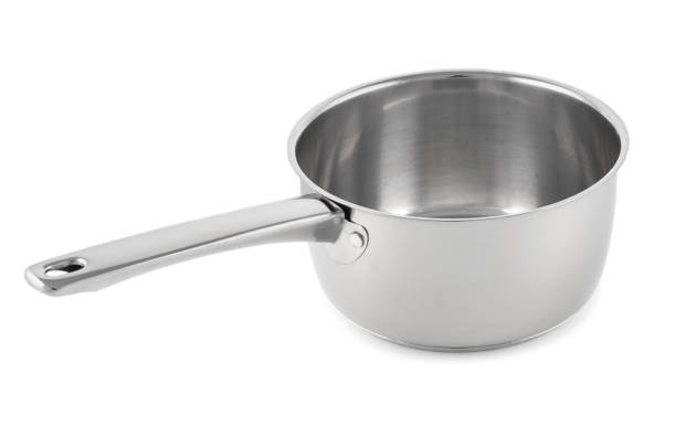 istock Empty steel saucepan closeup on white background 867043910