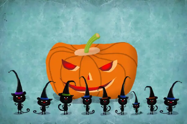 Photo of Halloween Kittens In Witch Hats Standing Before Huge Pumpkeen