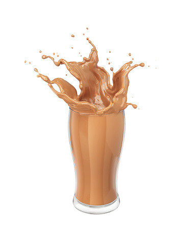 Fresh chocolate Splash in the glass,pouring chocolate milk splash isolated on white background with clipping path,3d rendering.