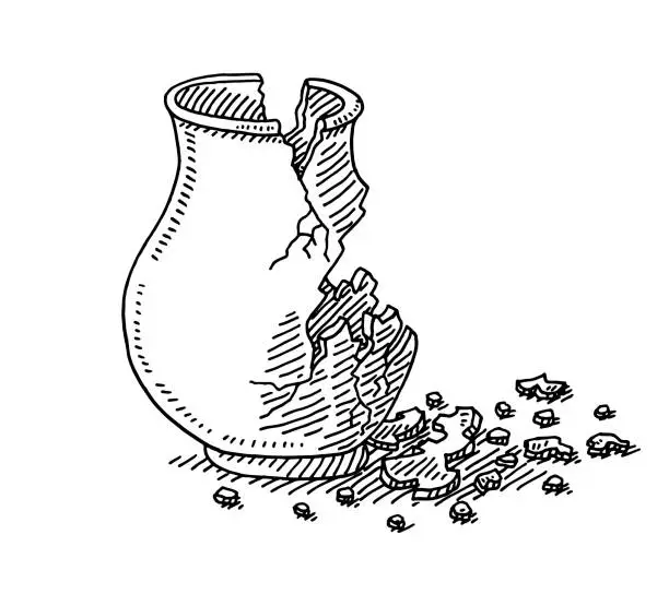 Vector illustration of Antique Vase Broken In Pieces Drawing