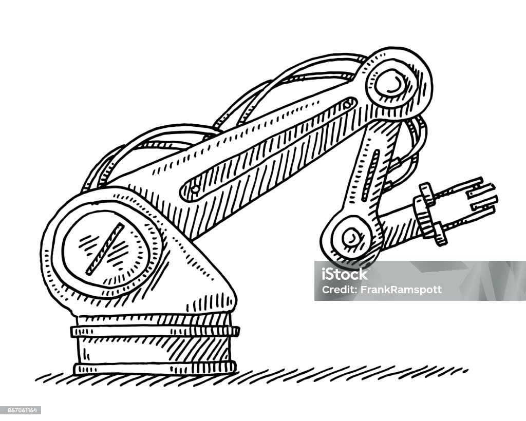 Industrial Robot Technology Drawing Hand-drawn vector drawing of an Industrial Robot, contemporary Technology. Black-and-White sketch on a transparent background (.eps-file). Included files are EPS (v10) and Hi-Res JPG. Robotic Arm stock vector