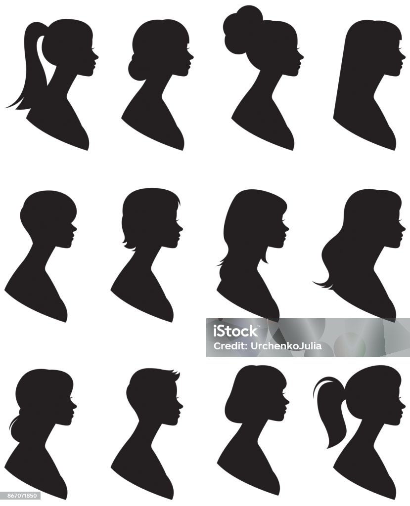 Set of vector silhouettes. Portrait of a woman in a profile with different hairstyles on a white background. Women stock vector